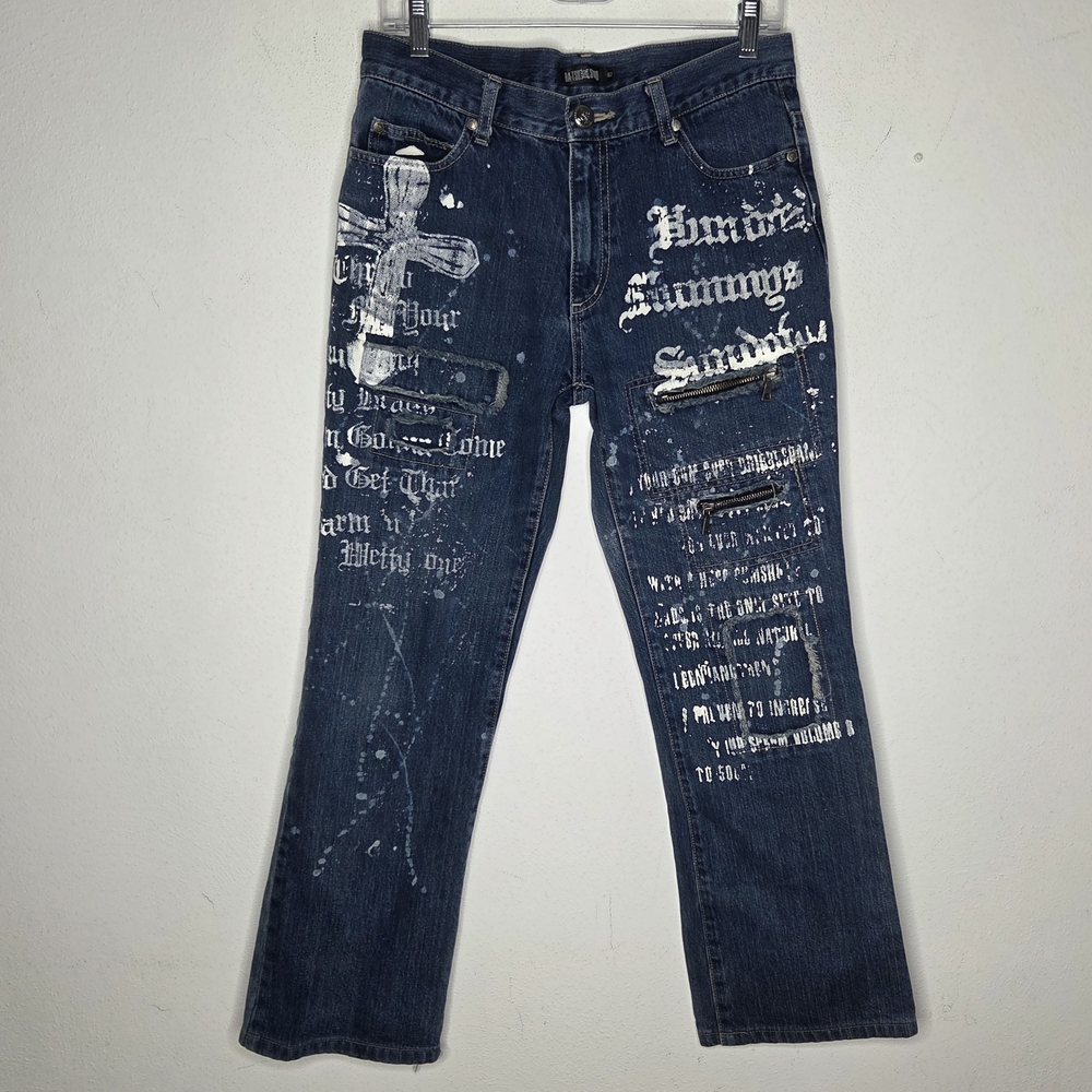 BATSU STUDIO Japanese Denim Cross Paint Jeans Distressed Punk Streetwear 30×28